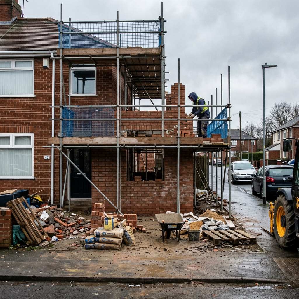 Professional builders reviewing architectural plans on-site