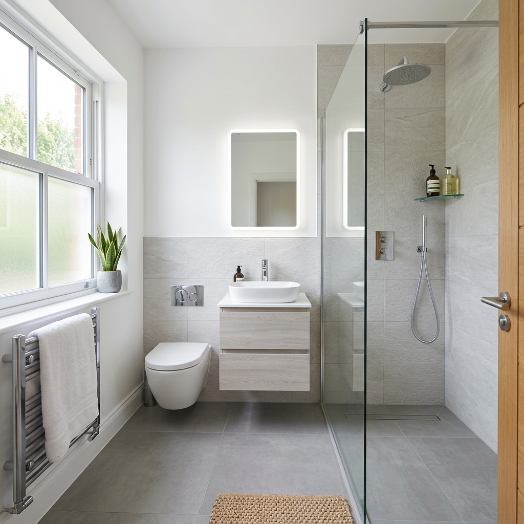Newly renovated modern bathroom with walk-in glass shower