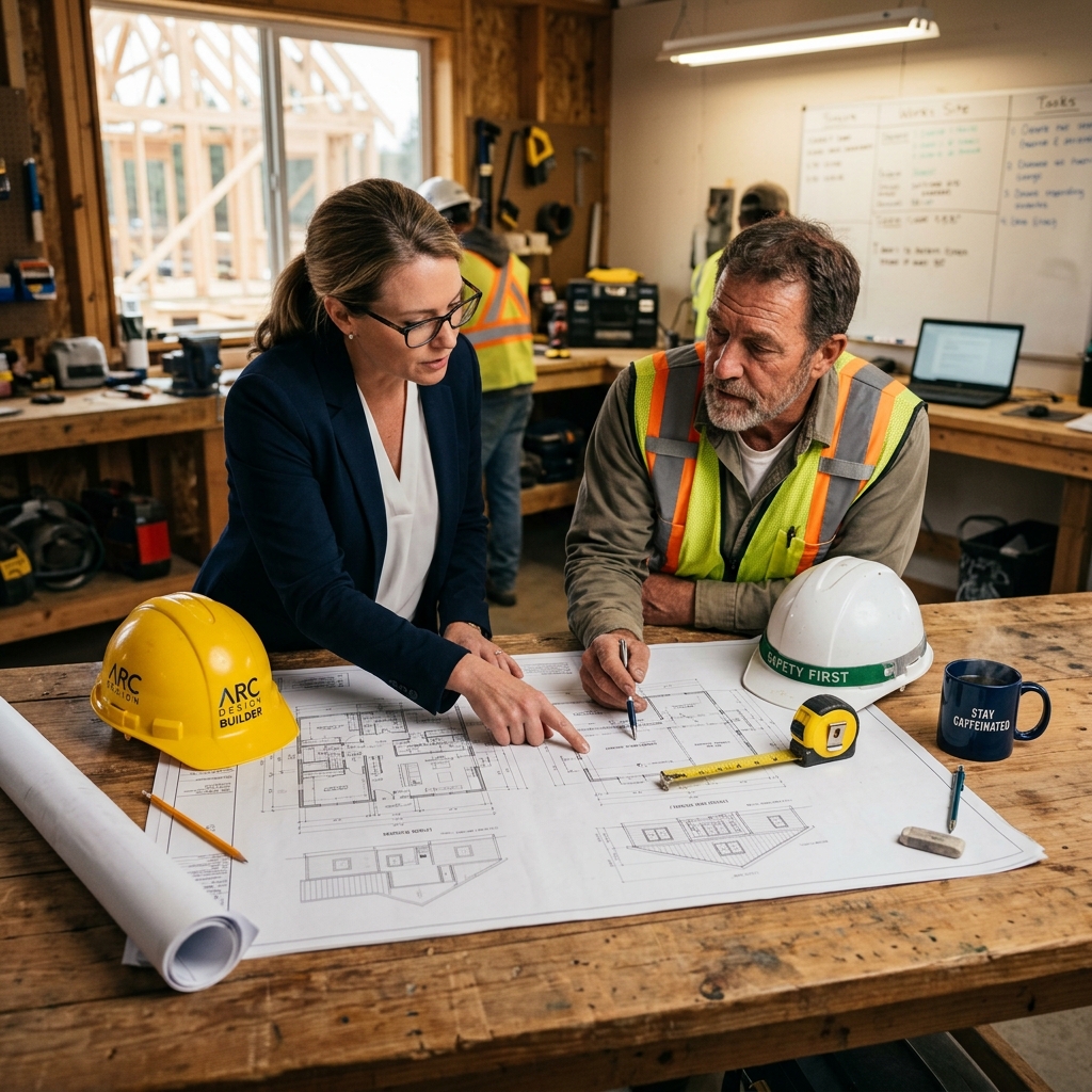 Architect and builder reviewing house plans on a table