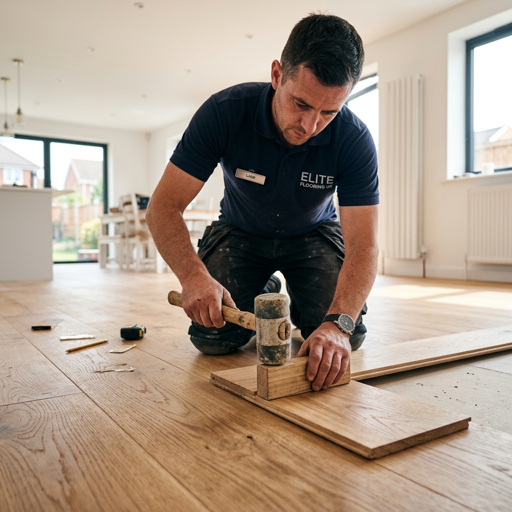 Professional installer laying engineered oak wood flooring