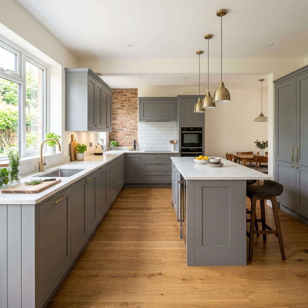 Beautiful modern newly fitted kitchen with grey shaker cabinets