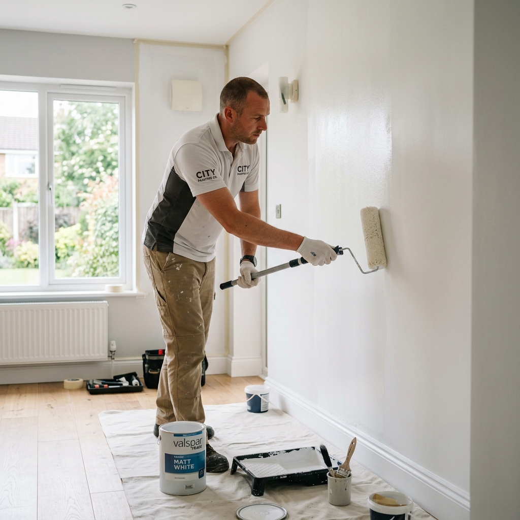 Professional decorator rolling fresh white paint on a wall